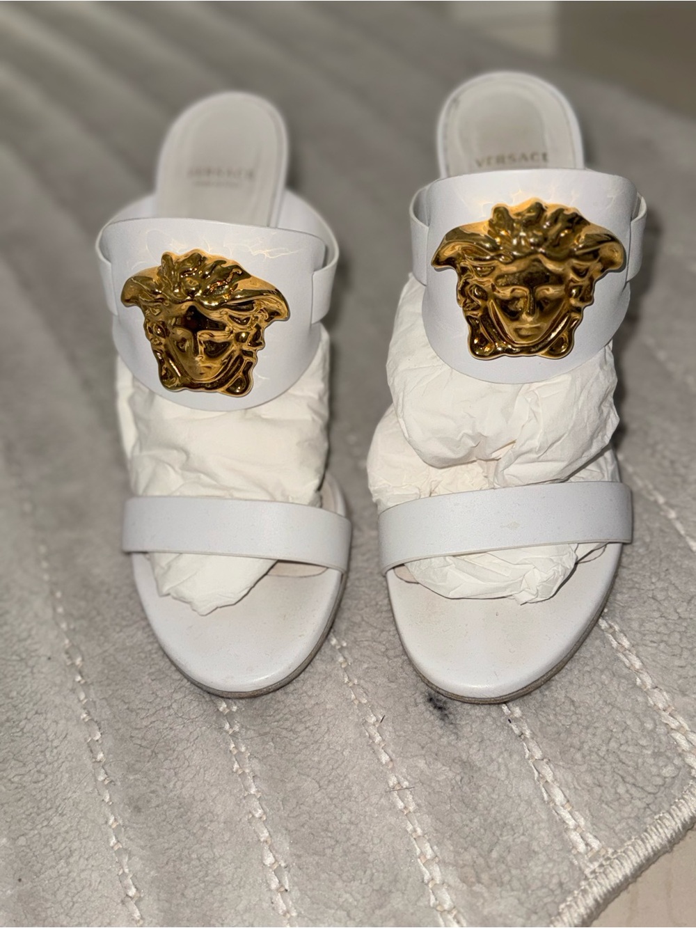 Versace White Leather Medusa Slide Mules with Gold Medallion